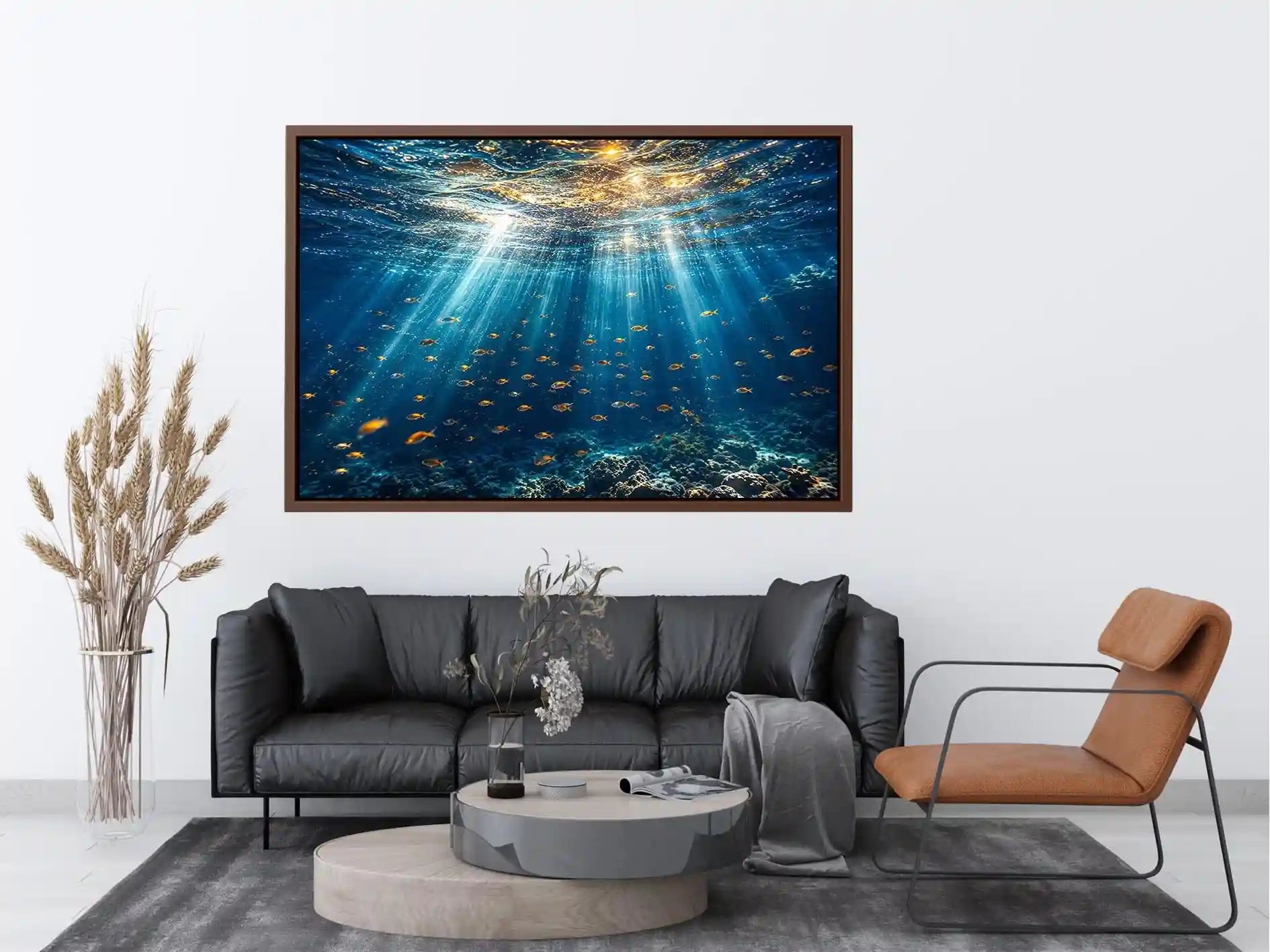 Ocean sunlight canvas art with fish for calm coastal bedroom decor.