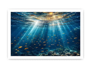 Ocean sunlight canvas art with fish for calm coastal bedroom decor.