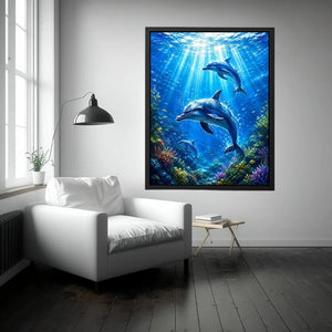 Dolphin canvas print for coastal living room and beach-inspired decor.