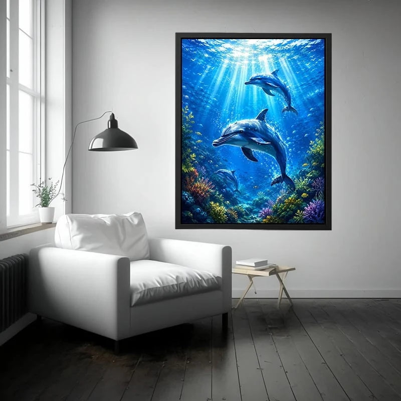 Dolphin canvas print for coastal living room and beach-inspired decor.