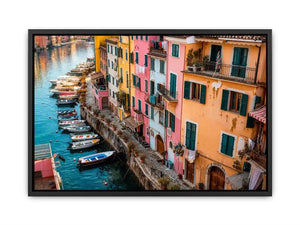 Mediterranean canal wall decor for colorful dining room interiors.