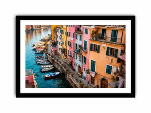 Mediterranean canal wall decor for colorful dining room interiors.
