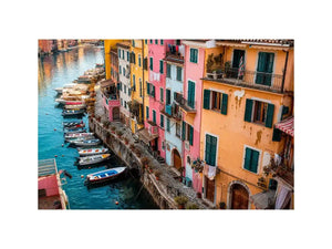 Mediterranean canal wall decor for colorful dining room interiors.