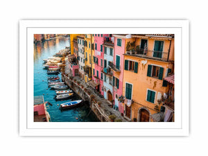 Mediterranean canal wall decor for colorful dining room interiors.
