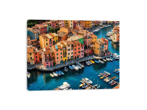 Colorful coastal town artwork for modern apartment and dining room decor.
