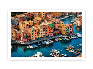 Colorful coastal town artwork for modern apartment and dining room decor.