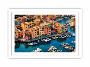 Colorful coastal town artwork for modern apartment and dining room decor.