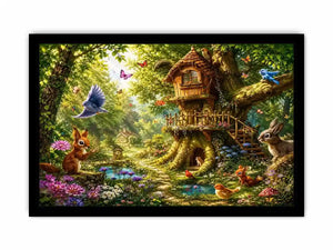 Whimsical forest canvas art with treehouse for kids bedroom decor.