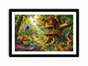 Whimsical forest canvas art with treehouse for kids bedroom decor.