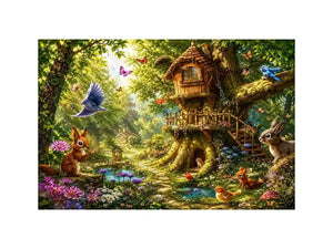 Whimsical forest canvas art with treehouse for kids bedroom decor.
