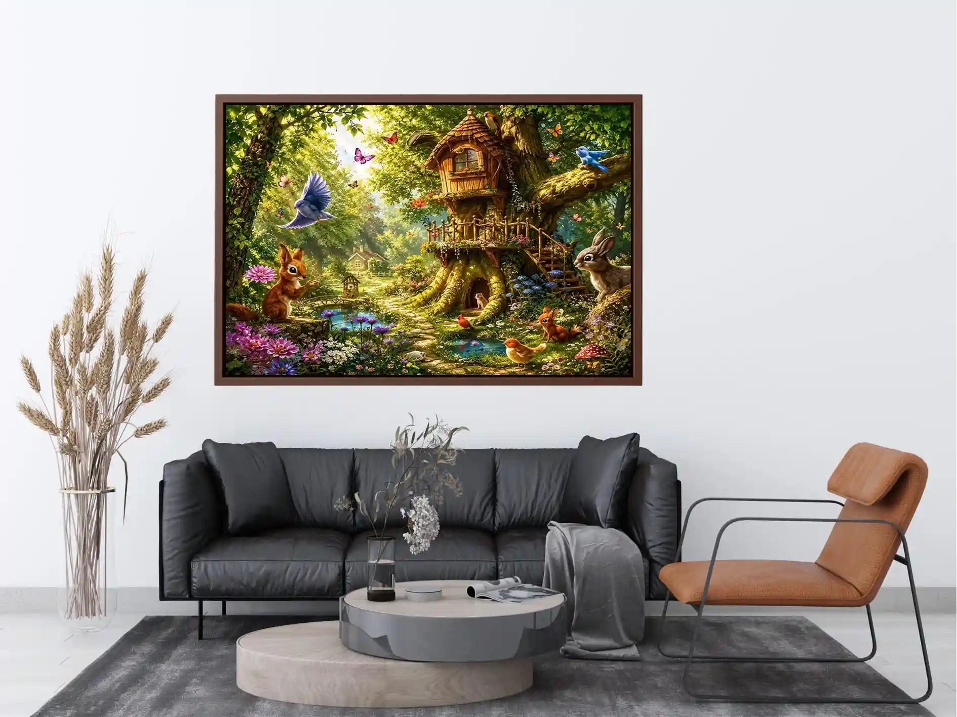 Whimsical forest canvas art with treehouse for kids bedroom decor.