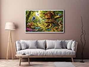 Whimsical forest canvas art with treehouse for kids bedroom decor.