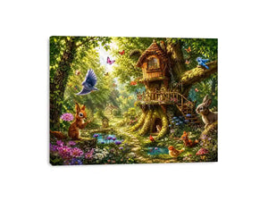 Whimsical forest canvas art with treehouse for kids bedroom decor.