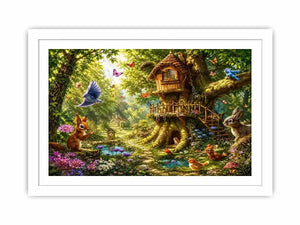 Whimsical forest canvas art with treehouse for kids bedroom decor.