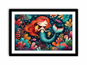 Whimsical mermaid illustration with vibrant coral reef canvas art for elegant modern interior decor