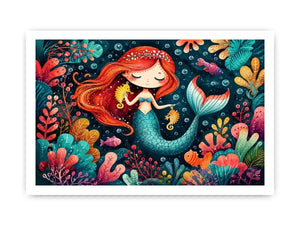 Whimsical mermaid illustration with vibrant coral reef canvas art for elegant modern interior decor