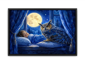 Watercolor owl beside sleeping child under moonlight canvas art for elegant modern interior decor
