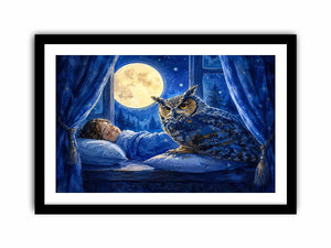 Watercolor owl beside sleeping child under moonlight canvas art for elegant modern interior decor