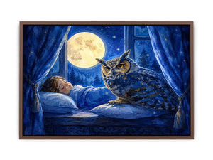 Watercolor owl beside sleeping child under moonlight canvas art for elegant modern interior decor