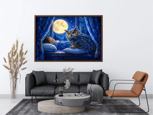 Watercolor owl beside sleeping child under moonlight canvas art for elegant modern interior decor