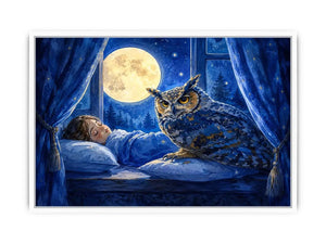 Watercolor owl beside sleeping child under moonlight canvas art for elegant modern interior decor