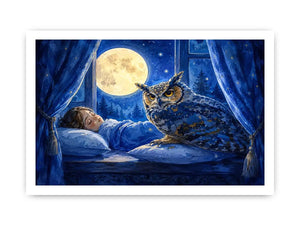 Watercolor owl beside sleeping child under moonlight canvas art for elegant modern interior decor