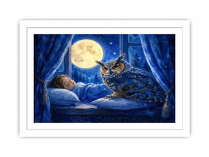 Watercolor owl beside sleeping child under moonlight canvas art for elegant modern interior decor