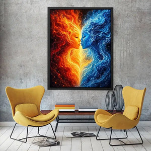 Abstract fire and water duality portrait canvas art for elegant modern interior decor