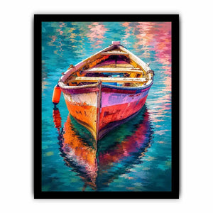 Colorful boat floating on reflective water canvas art for elegant modern interior decor