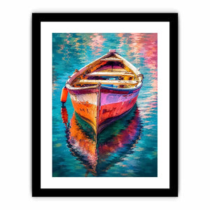 Colorful boat floating on reflective water canvas art for elegant modern interior decor