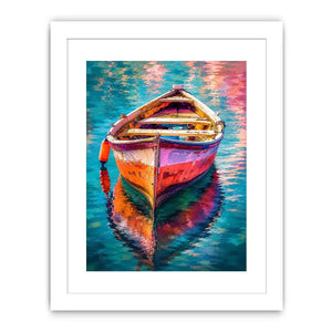 Colorful boat floating on reflective water canvas art for elegant modern interior decor
