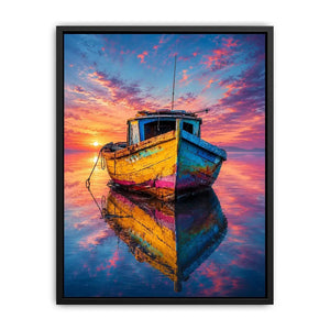 Rustic fishing boat at vivid sunset canvas art for elegant modern interior decor