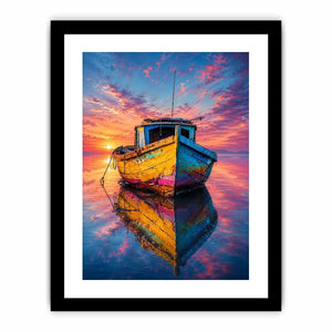 Rustic fishing boat at vivid sunset canvas art for elegant modern interior decor