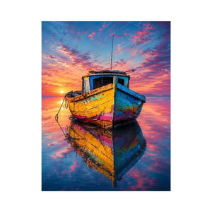 Rustic fishing boat at vivid sunset canvas art for elegant modern interior decor
