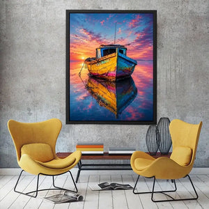Rustic fishing boat at vivid sunset canvas art for elegant modern interior decor
