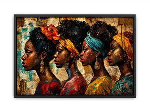 African women portrait wall art with cultural headwraps, textured collage style, premium canvas print for modern luxury home decor