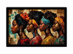 African women portrait wall art with cultural headwraps, textured collage style, premium canvas print for modern luxury home decor