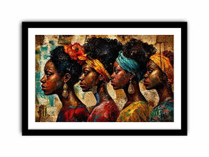 African women portrait wall art with cultural headwraps, textured collage style, premium canvas print for modern luxury home decor