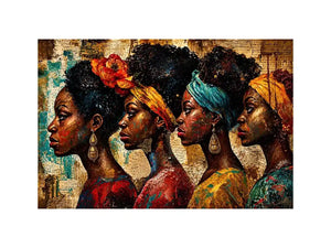 African women portrait wall art with cultural headwraps, textured collage style, premium canvas print for modern luxury home decor