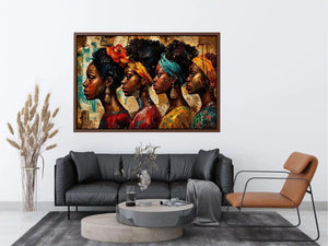 African women portrait wall art with cultural headwraps, textured collage style, premium canvas print for modern luxury home decor