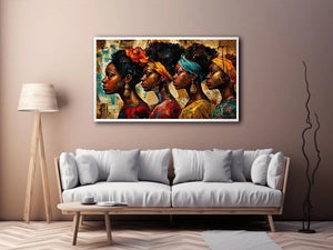 African women portrait wall art with cultural headwraps, textured collage style, premium canvas print for modern luxury home decor