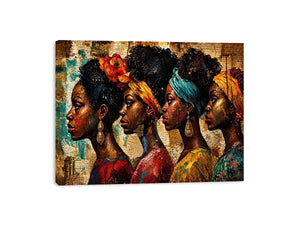 African women portrait wall art with cultural headwraps, textured collage style, premium canvas print for modern luxury home decor