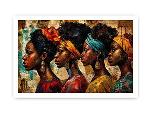 African women portrait wall art with cultural headwraps, textured collage style, premium canvas print for modern luxury home decor
