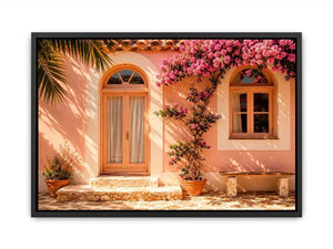 Soft pink mediterranean house exterior canvas art for elegant modern interior decor