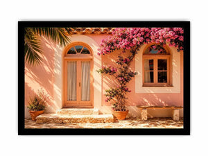 Soft pink mediterranean house exterior canvas art for elegant modern interior decor