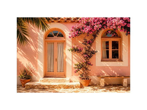 Soft pink mediterranean house exterior canvas art for elegant modern interior decor