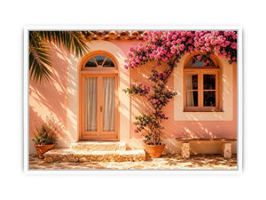 Soft pink mediterranean house exterior canvas art for elegant modern interior decor