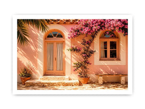Soft pink mediterranean house exterior canvas art for elegant modern interior decor