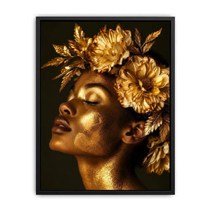 Golden floral portrait artwork canvas art for elegant modern interior decor