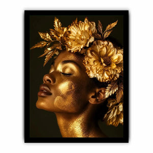 Golden floral portrait artwork canvas art for elegant modern interior decor